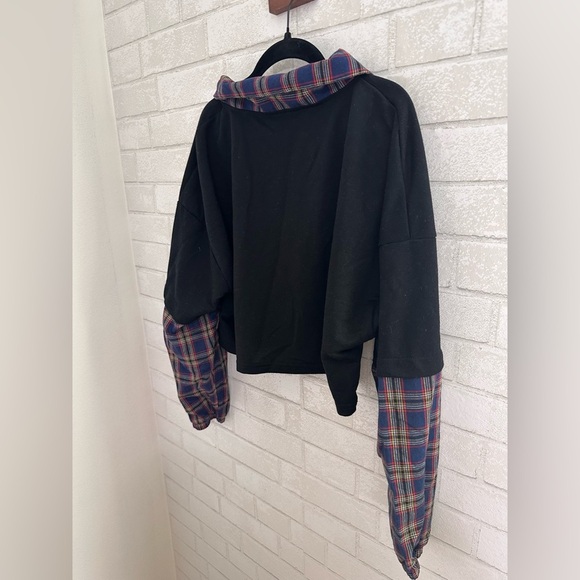 Plaid Collar Preppy Punk Grunge oversized Womens long sleeve crop Top M #1905 - Picture 6 of 8